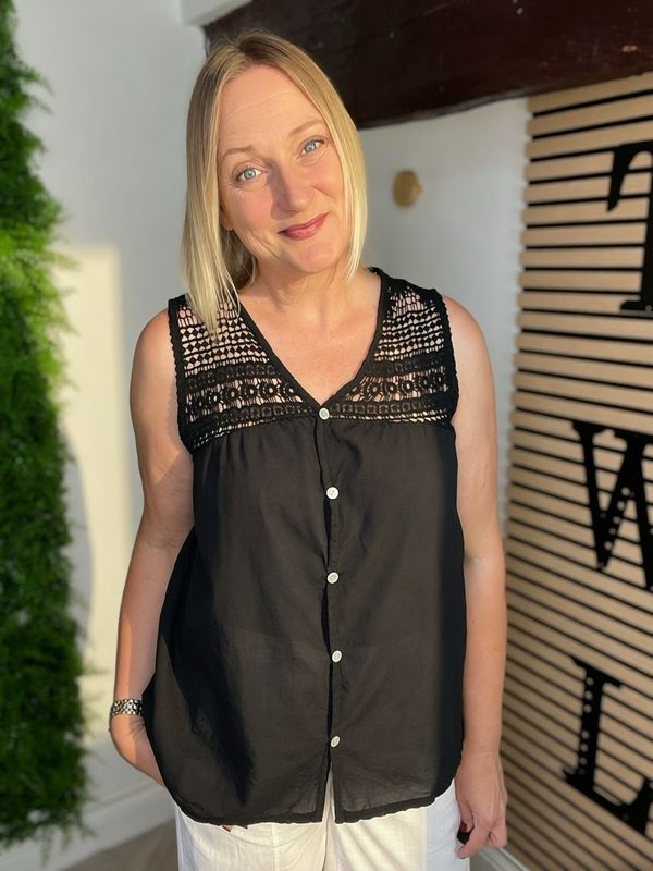 Sleeveless Shirt With Crochet Detail- Black