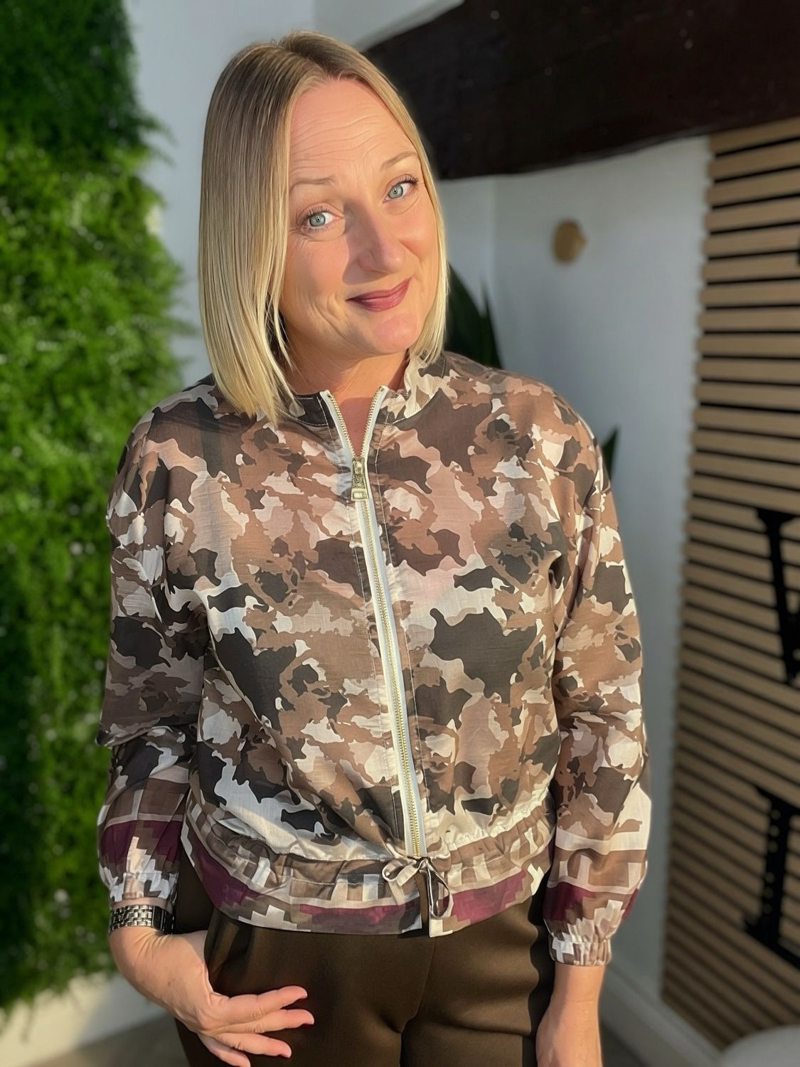 Delicate Cheer Bomber Jacket - Taupe Tones & Wine Delicate Cheer Bomber Jacket - Taupe Tones & Wine