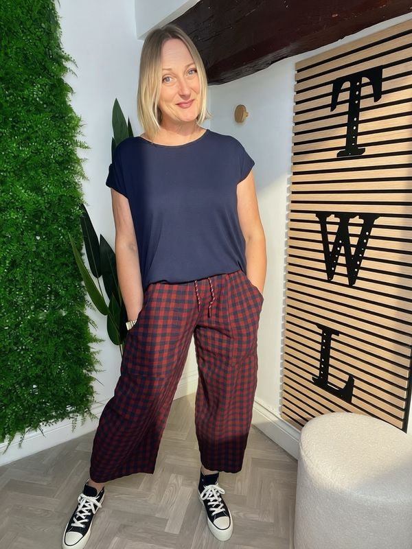 Gingham Barrel Trouser - Wine & Navy