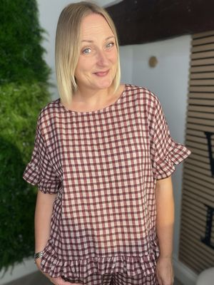Gingham Frill Hem & Sleeve Top - Wine & Rose Gingham Frill Hem & Sleeve Top - Wine & Rose