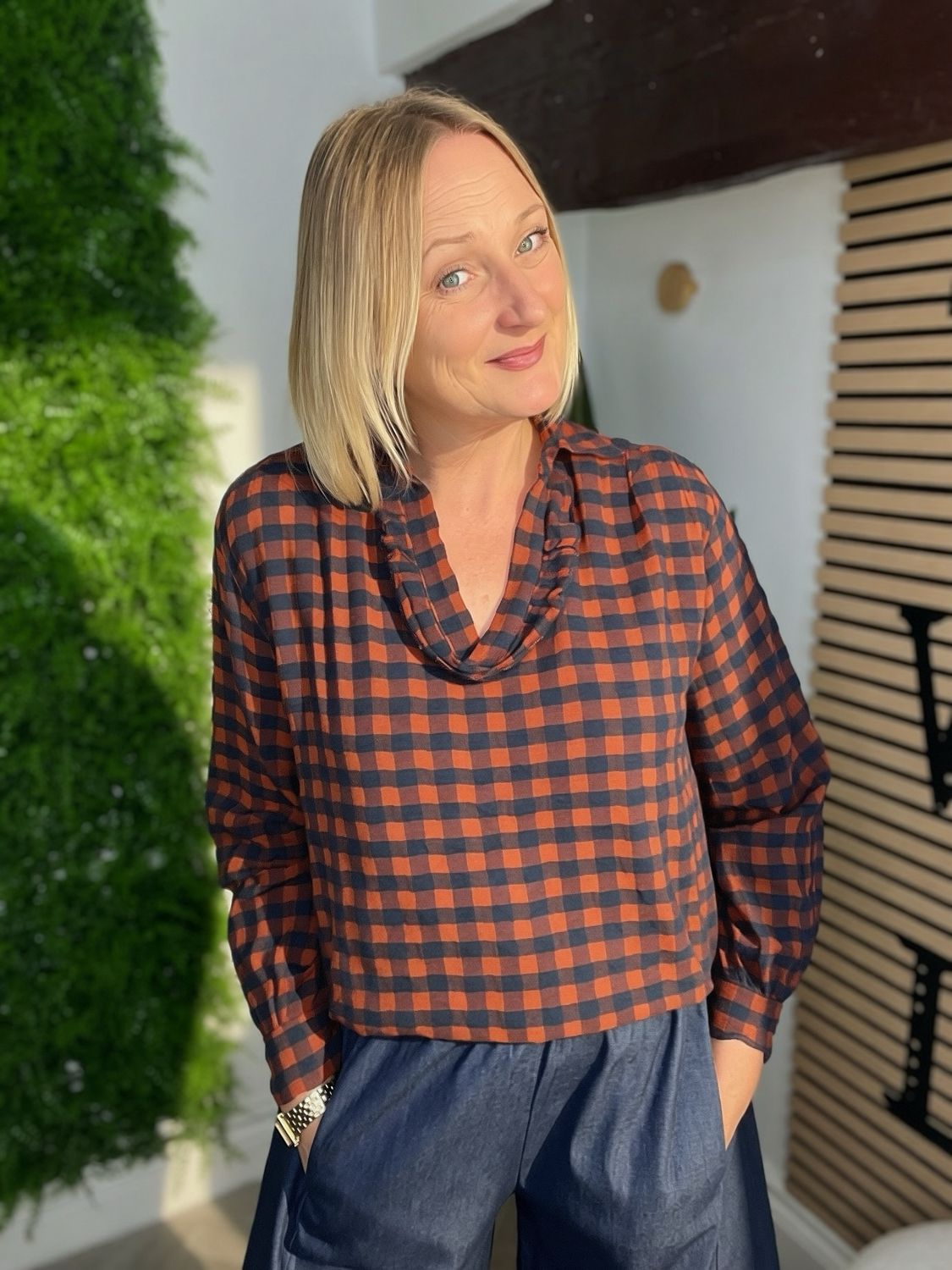 Gingham Blouse Top - Rust & Navy