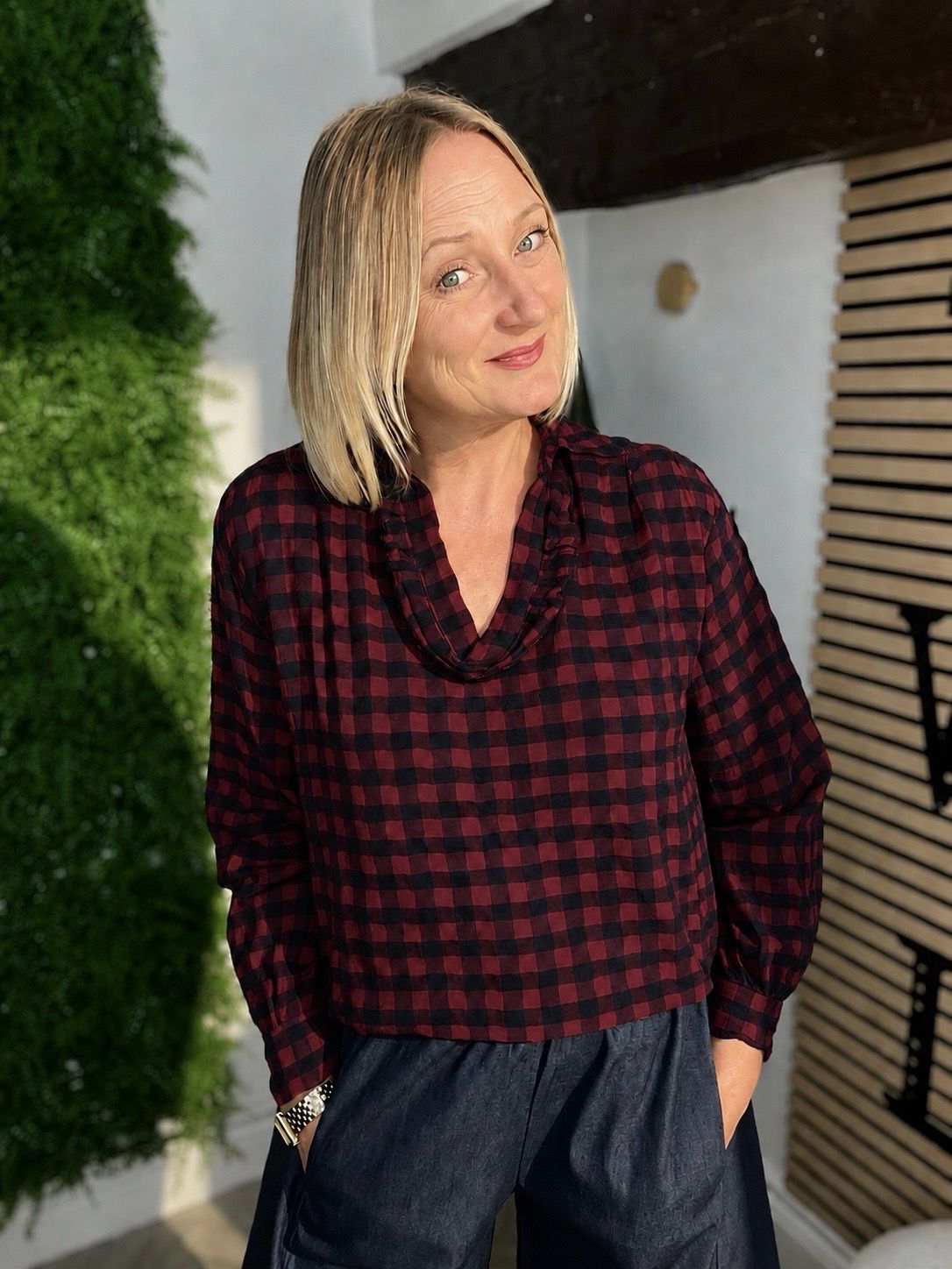 Gingham Blouse Top - Wine & Navy