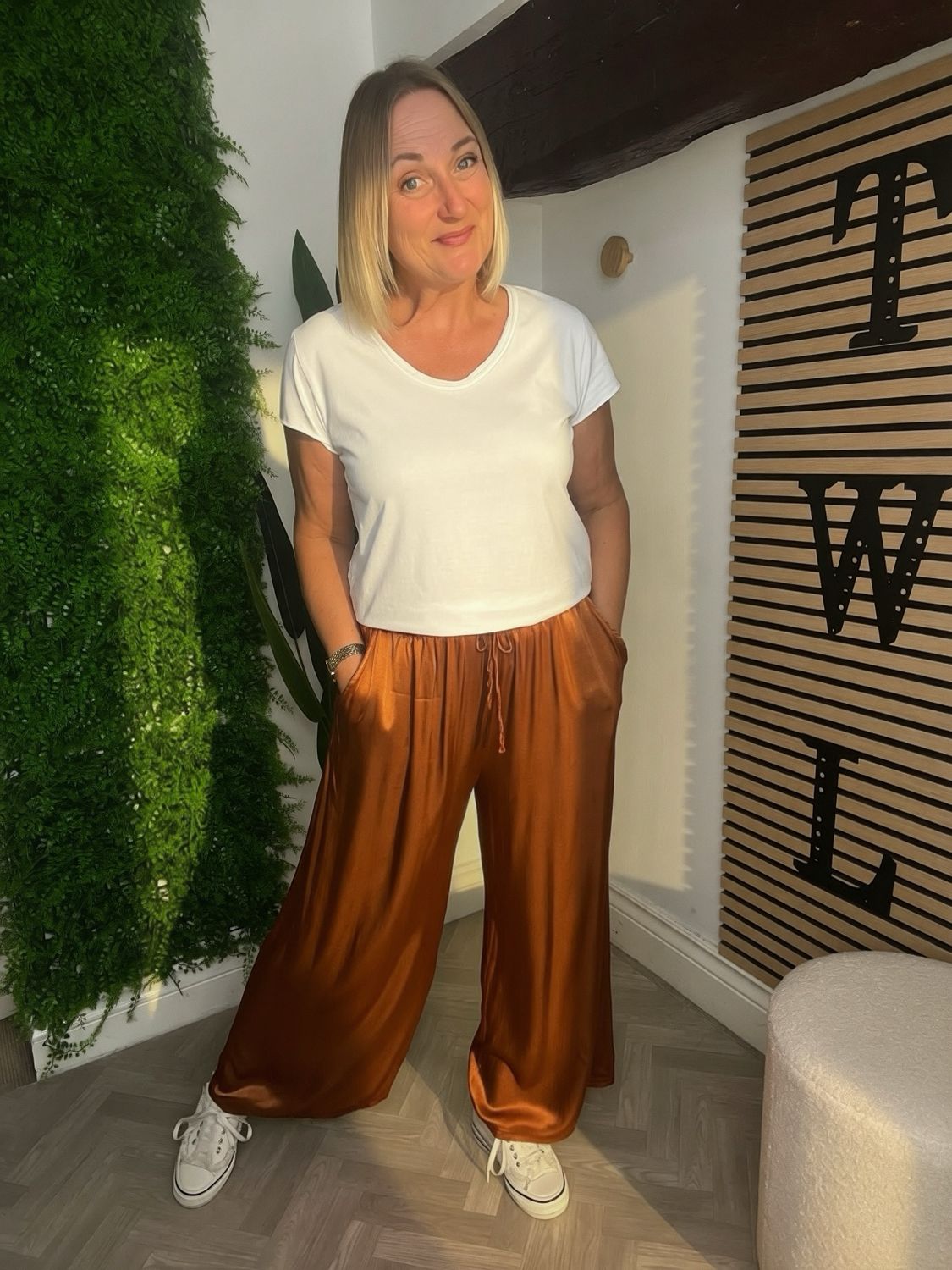 Wide Leg Satin Feel Trousers - Rust