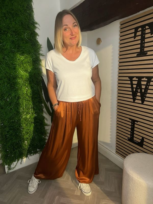Wide Leg Satin Feel Trousers - Rust