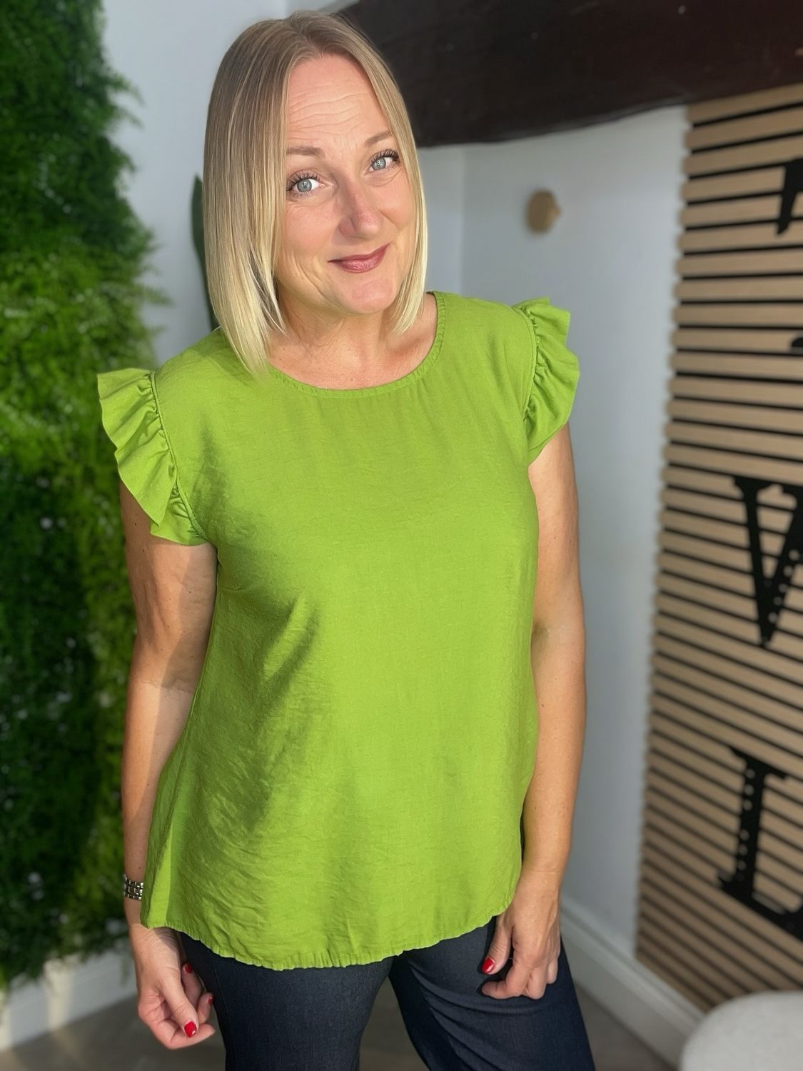 Frill Sleeve & Button Back Detail Top - Chartreuse