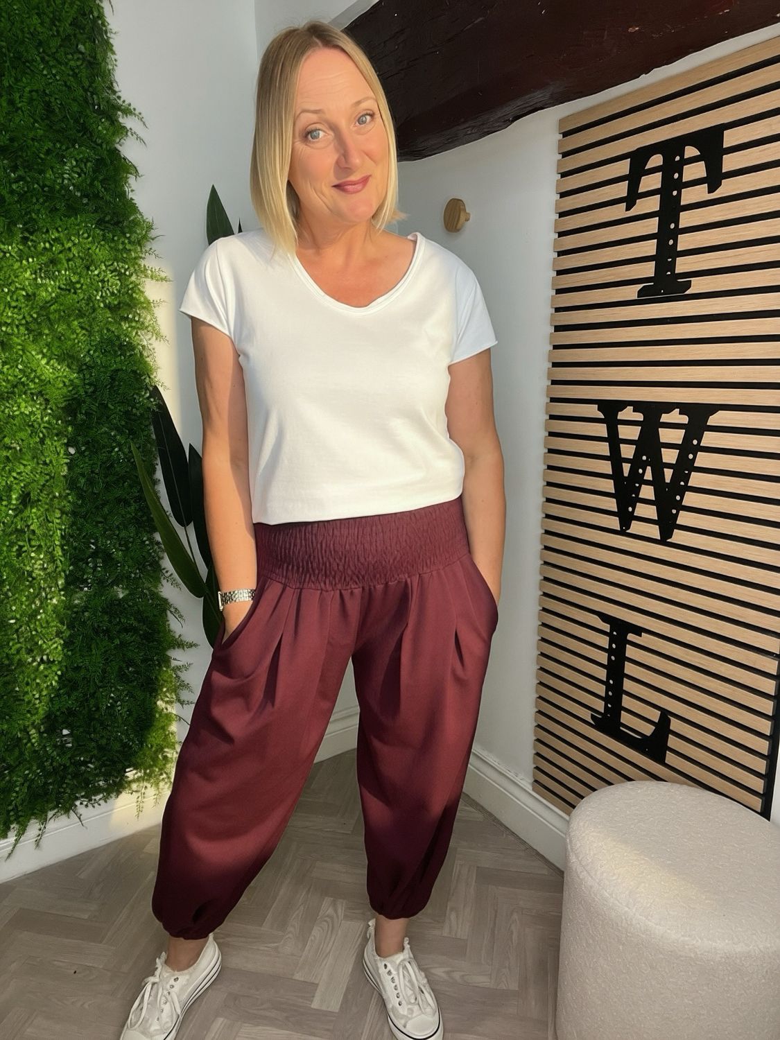 Shirred Stitch Cuffed Hem Trouser - Wine Shirred Stitch Cuffed Hem Trouser - Wine