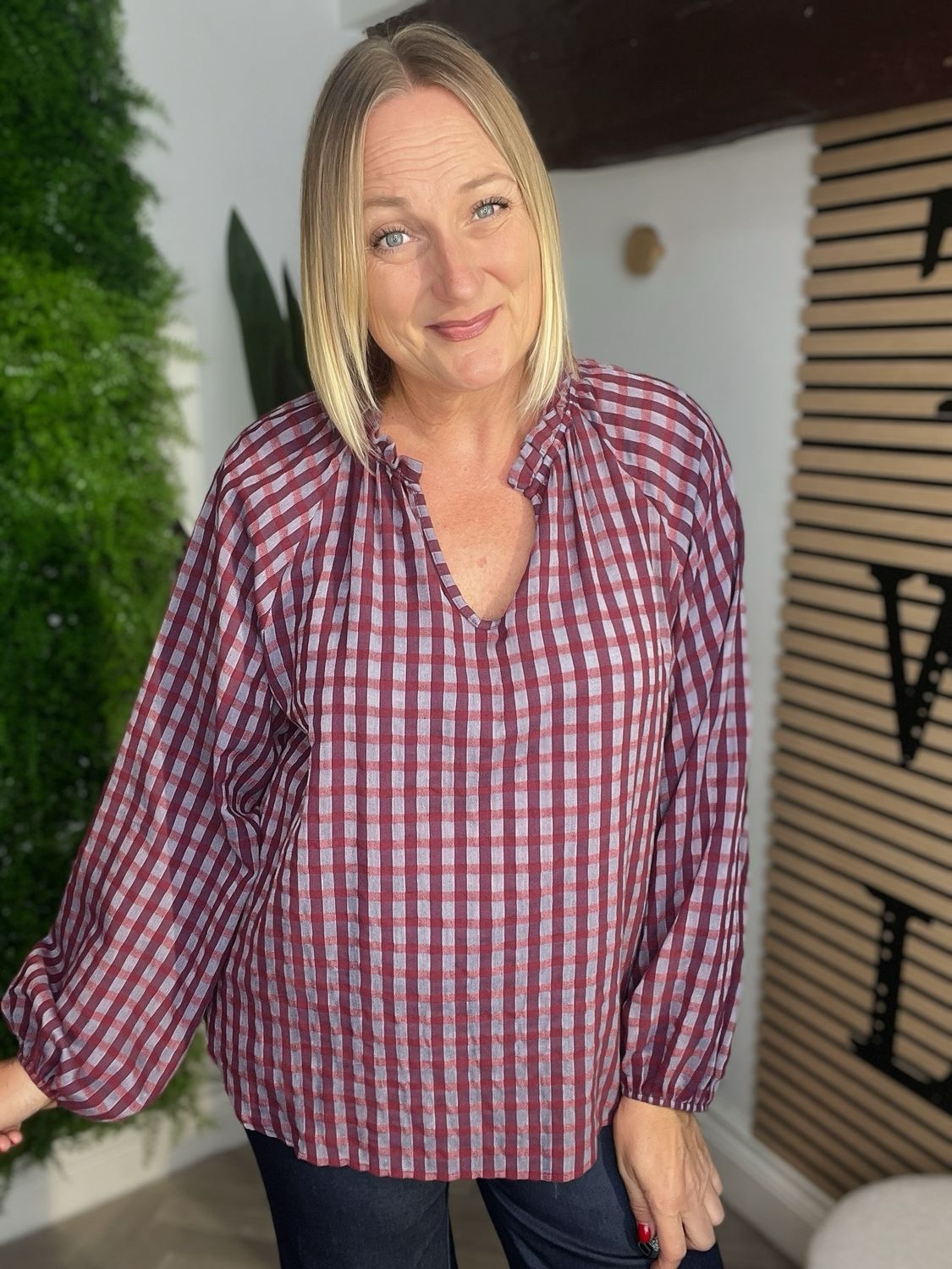 Gingham Loose Hem Sleeved Top - Claret Mix