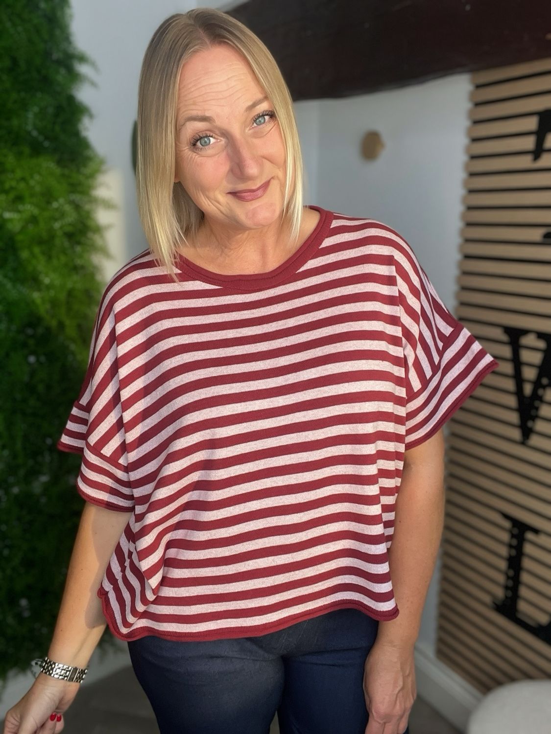 Striped Box Fit Jumper - Claret & Mauve