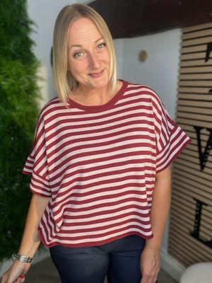Striped Box Fit Jumper - Claret & Mauve Striped Box Fit Jumper - Claret & Mauve