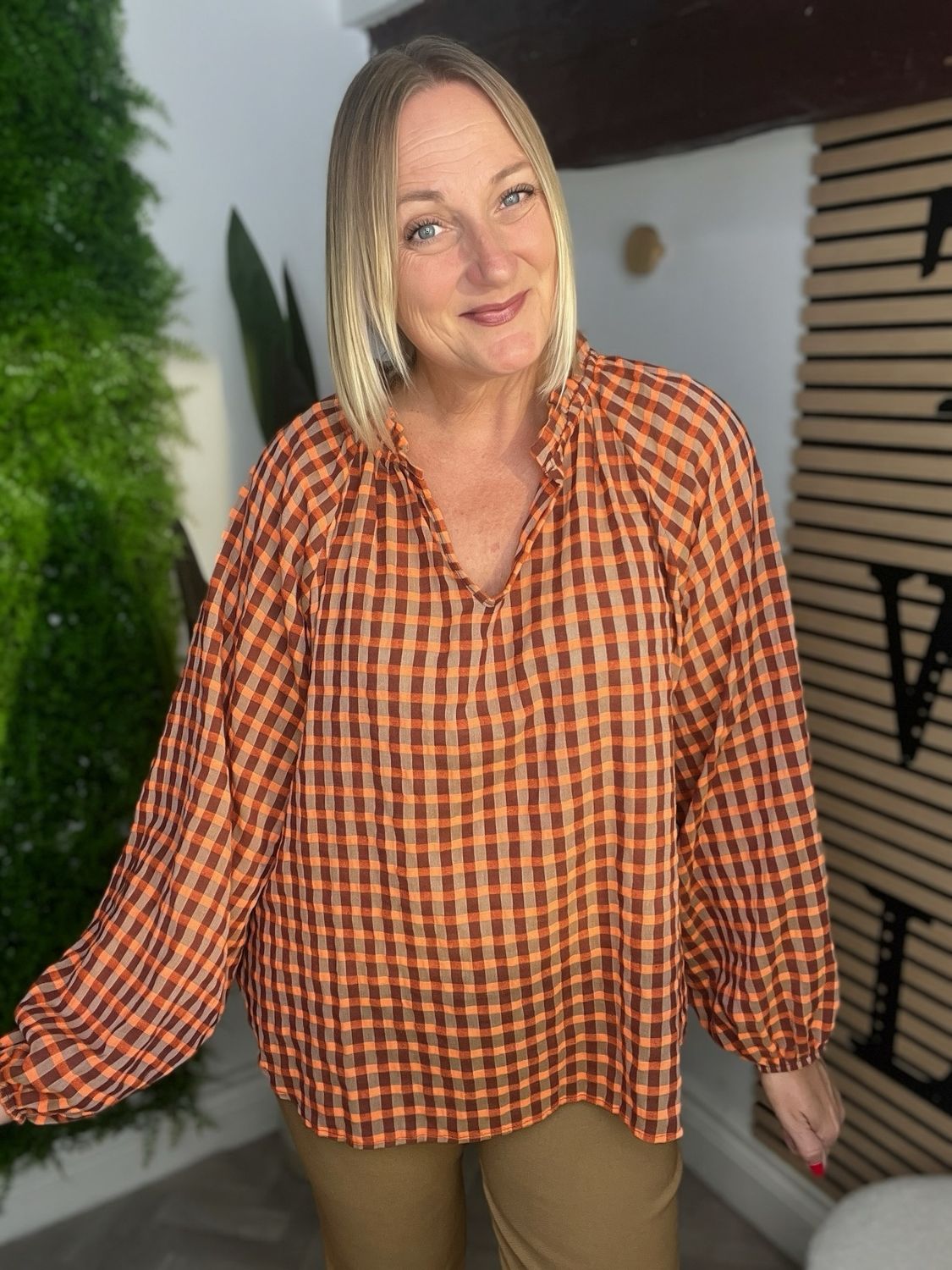Gingham Loose Hem Sleeved Top - Orange Mix