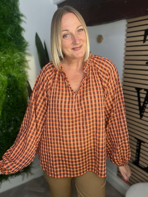 Gingham Loose Hem Sleeved Top - Orange Mix