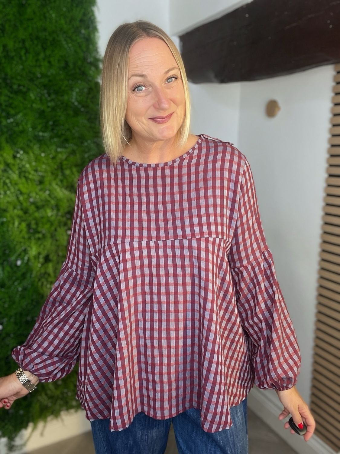 Gingham Smock Style Top - Claret Mix
