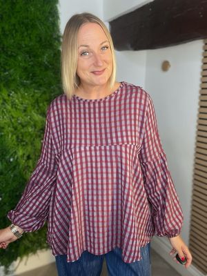 Gingham Smock Style Top - Claret Mix