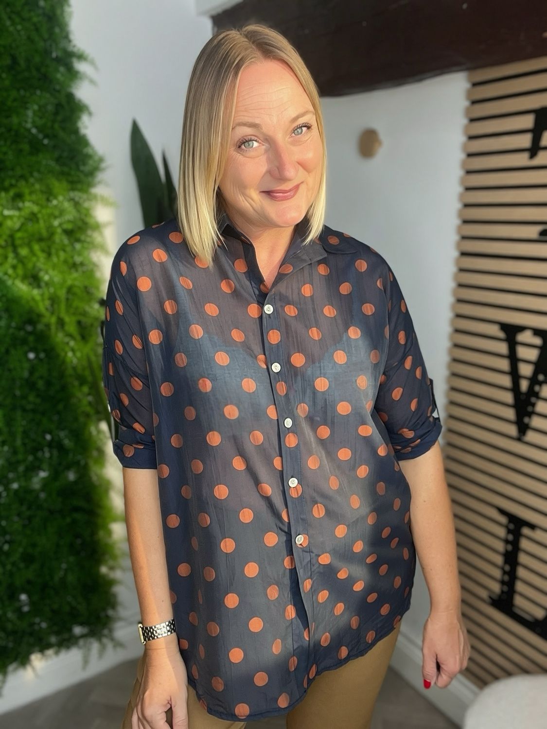 Spotted Sheer Style Shirt - Black & Rust