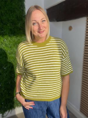 Striped Short Sleeved Knot Jumper - Chartreuse & Off White