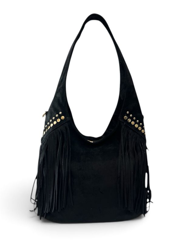 Suedette Feel & Tassel Shoulder Bag - Black
