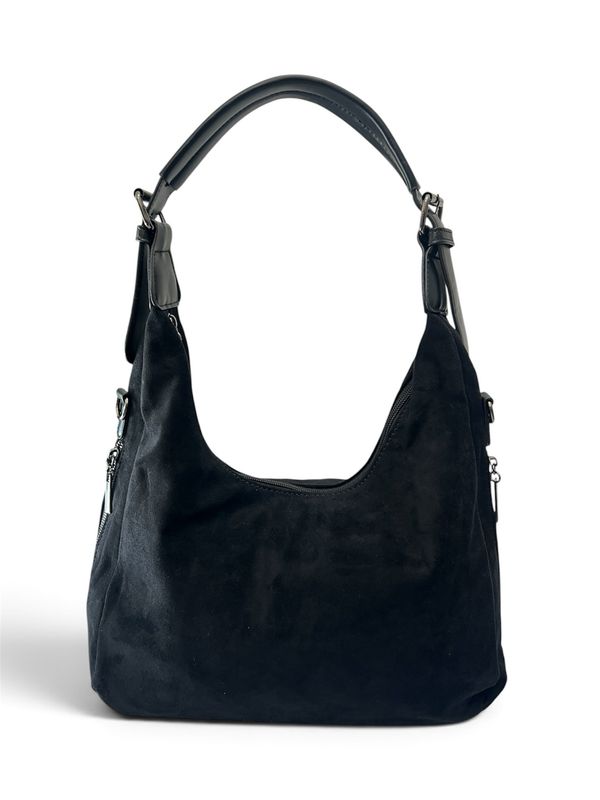 Suedette & Faux Leather Shoulder Bag - Black