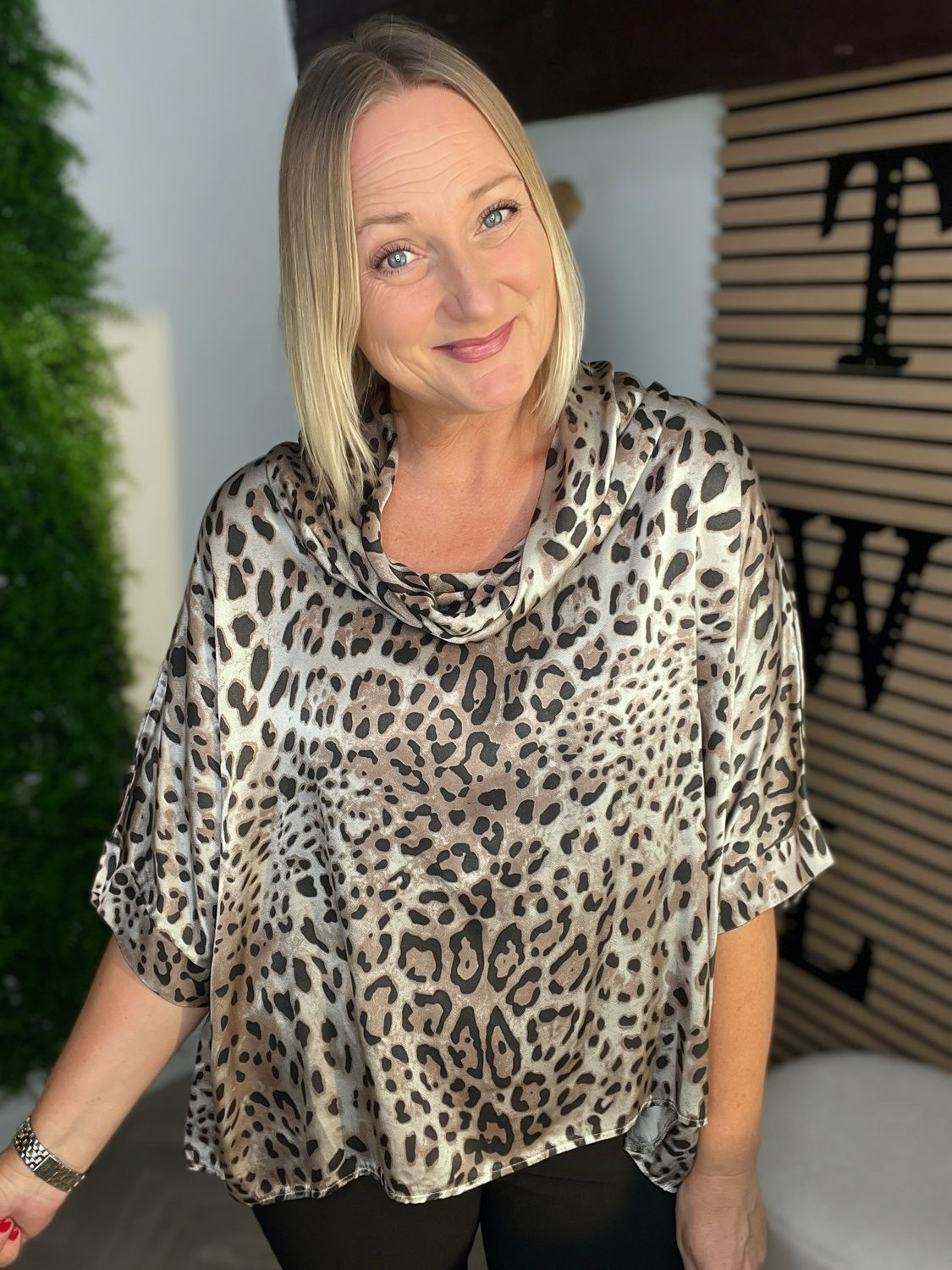 Animal satin Feel Cowl Neck Top - Greige