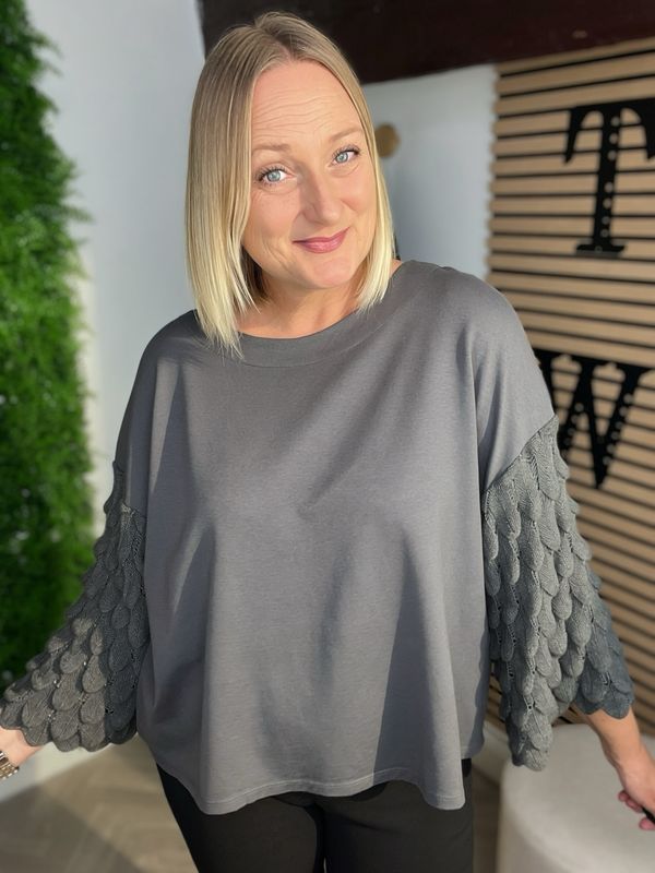 Wave Knit Sleeve Detailed Top - Storm Grey