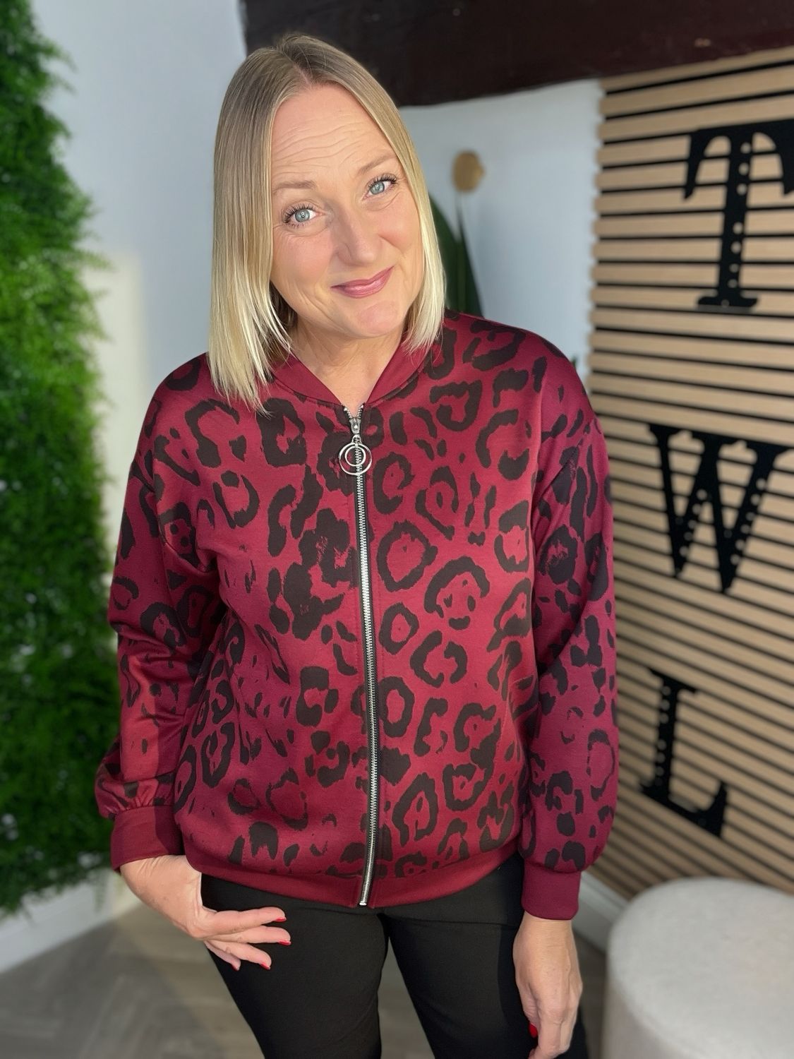Animal Print Zip Jersey Jacket - Claret Animal Print Zip Jersey Jacket - Claret