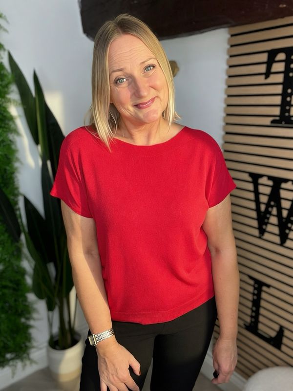 Fine Knit Slash Neck Top - Red