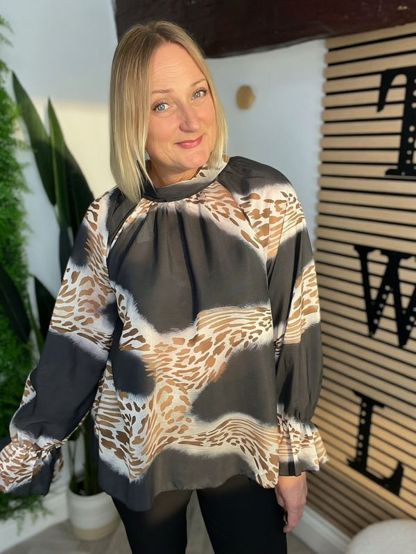 Tie Back Blouse - Abstract Animal Black & Camel