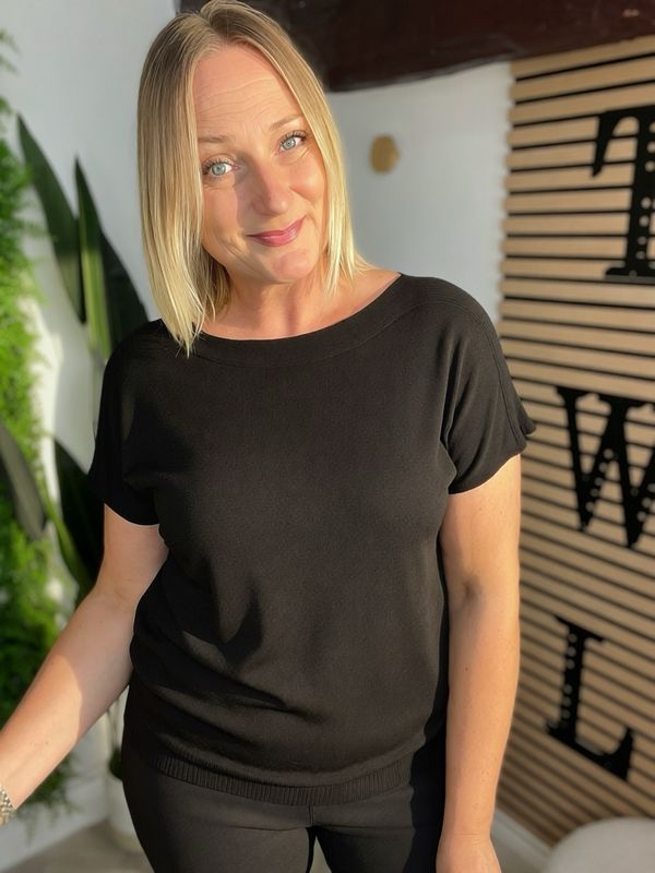 Fine Knit Slash Neck Top - Black