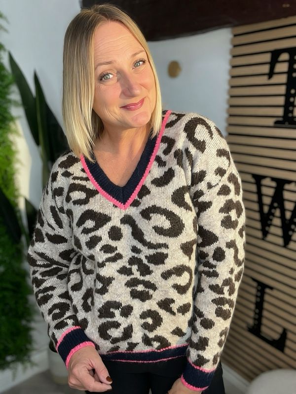 Animal Knit Jumper - Chocolate, Navy & Pink