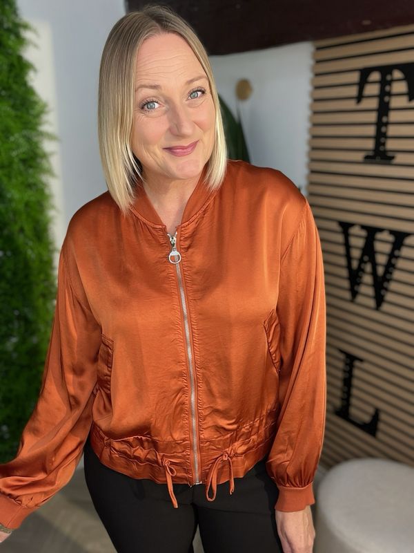 Satin Feel Bomber Jacket - Rust