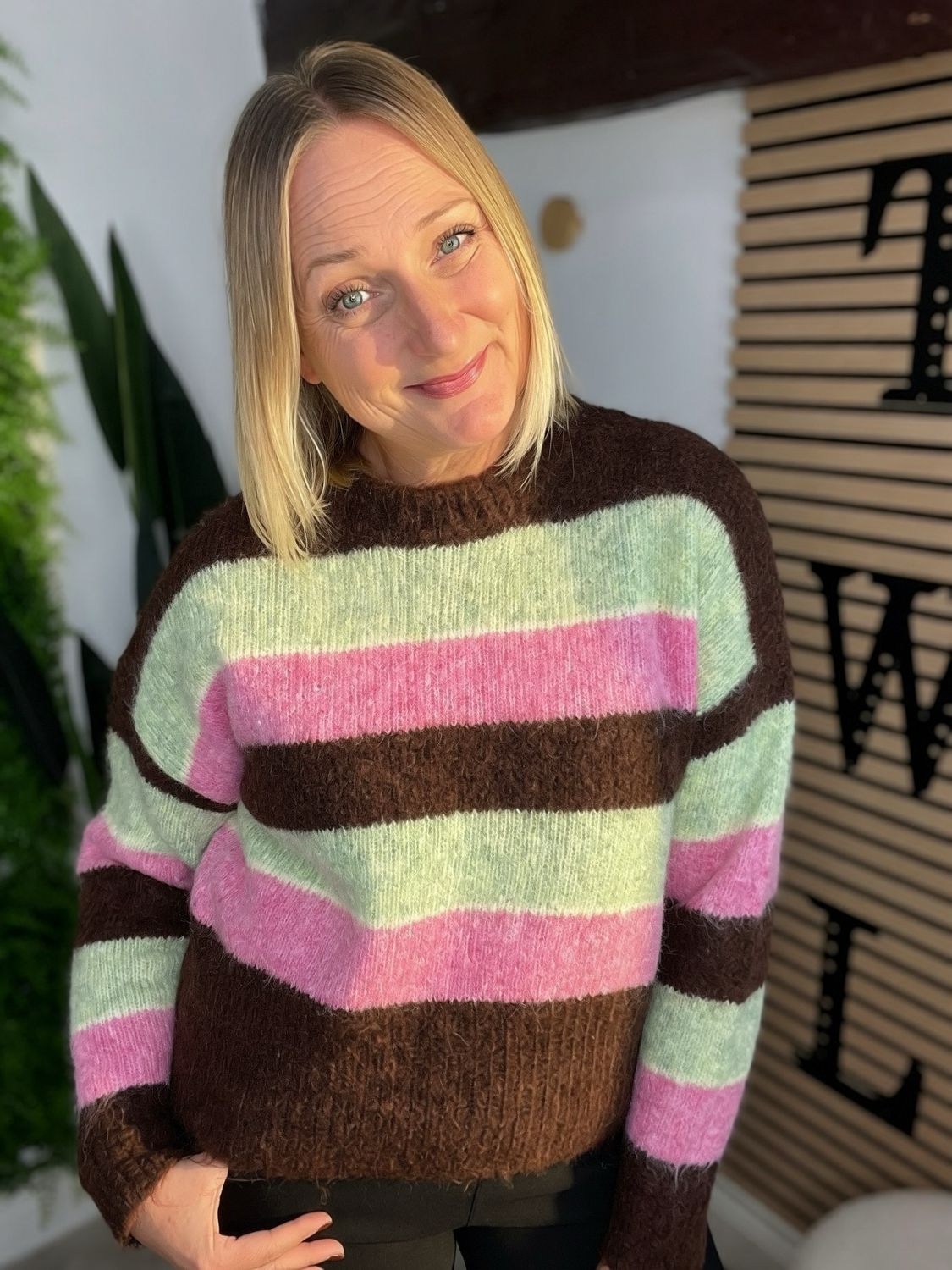 Striped Knit Jumper - Chocolate, Mint & Pink Striped Knit Jumper - Chocolate, Mint & Pink