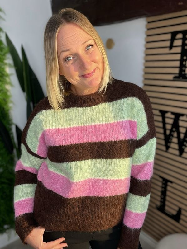 Striped Knit Jumper - Chocolate, Mint & Pink