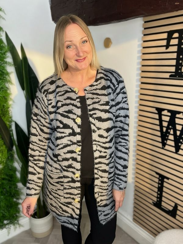 Animal Long Button Cardigan - Grey & Black
