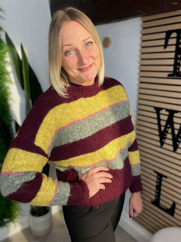 Striped Knit Jumper - Claret, Orchre & Khaki