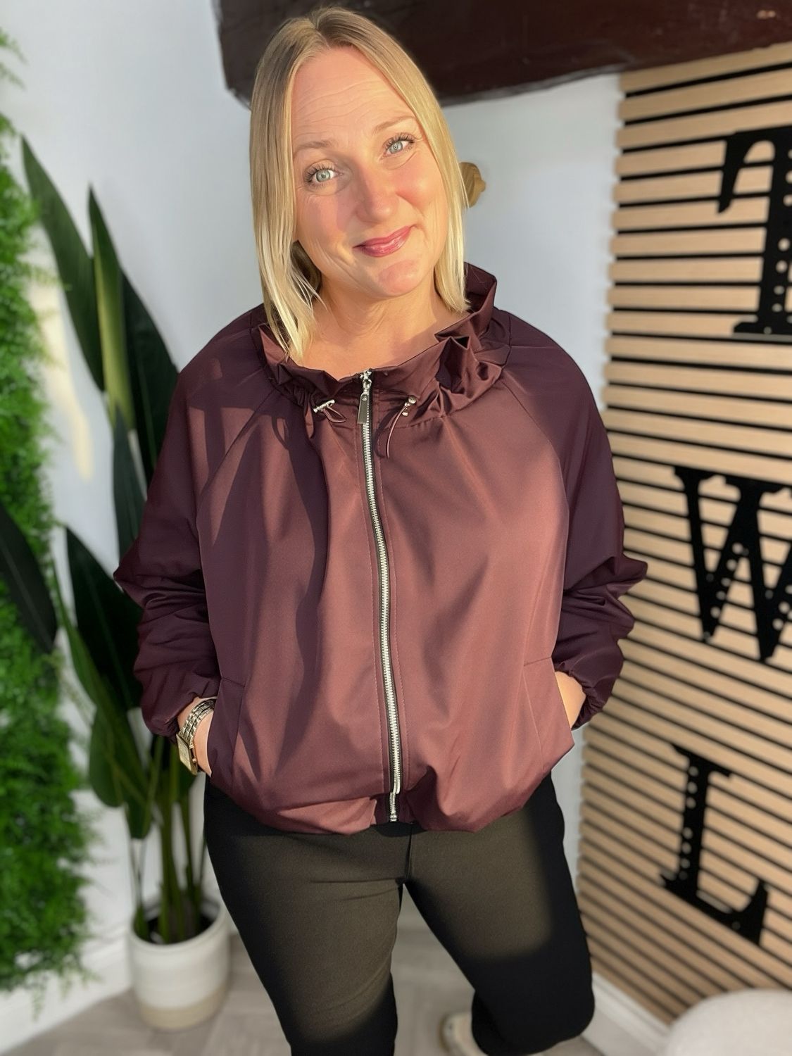 Ruched High Neck Bubble Hem Jacket - Plum