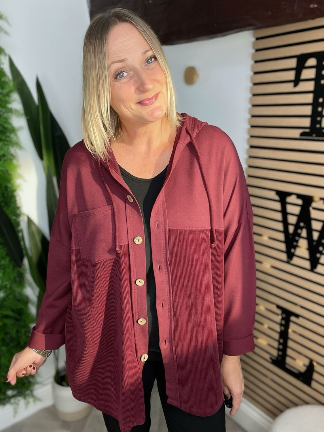 Jersey & Corduroy Shirt Jacket - Claret