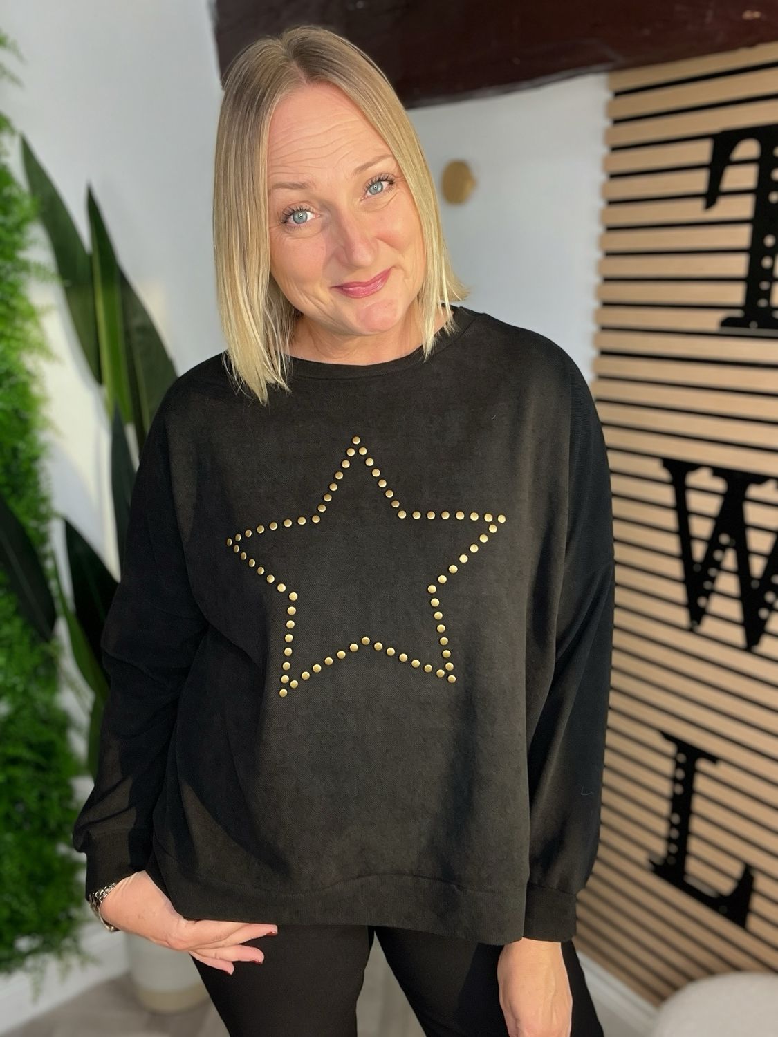 Soft Texture Star Studded Sweatshirt - Black Soft Texture Star Studded Sweatshirt - Black