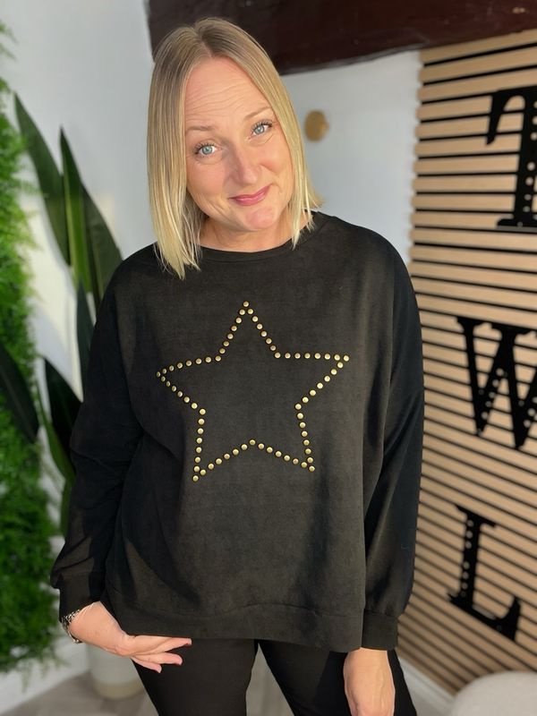 Soft Texture Star Studded Sweatshirt - Black