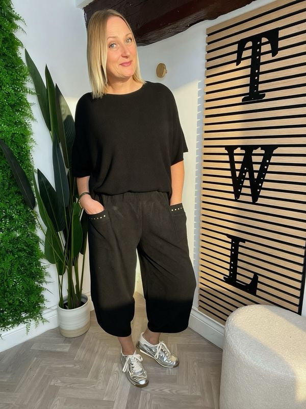 Lola Soft textured Trousers With Stud Detail - Black