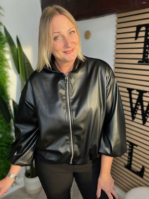 Faux Leather Bubble Hem Jacket - Black