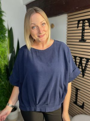 Needle Corduroy Pleat Front Top - Navy