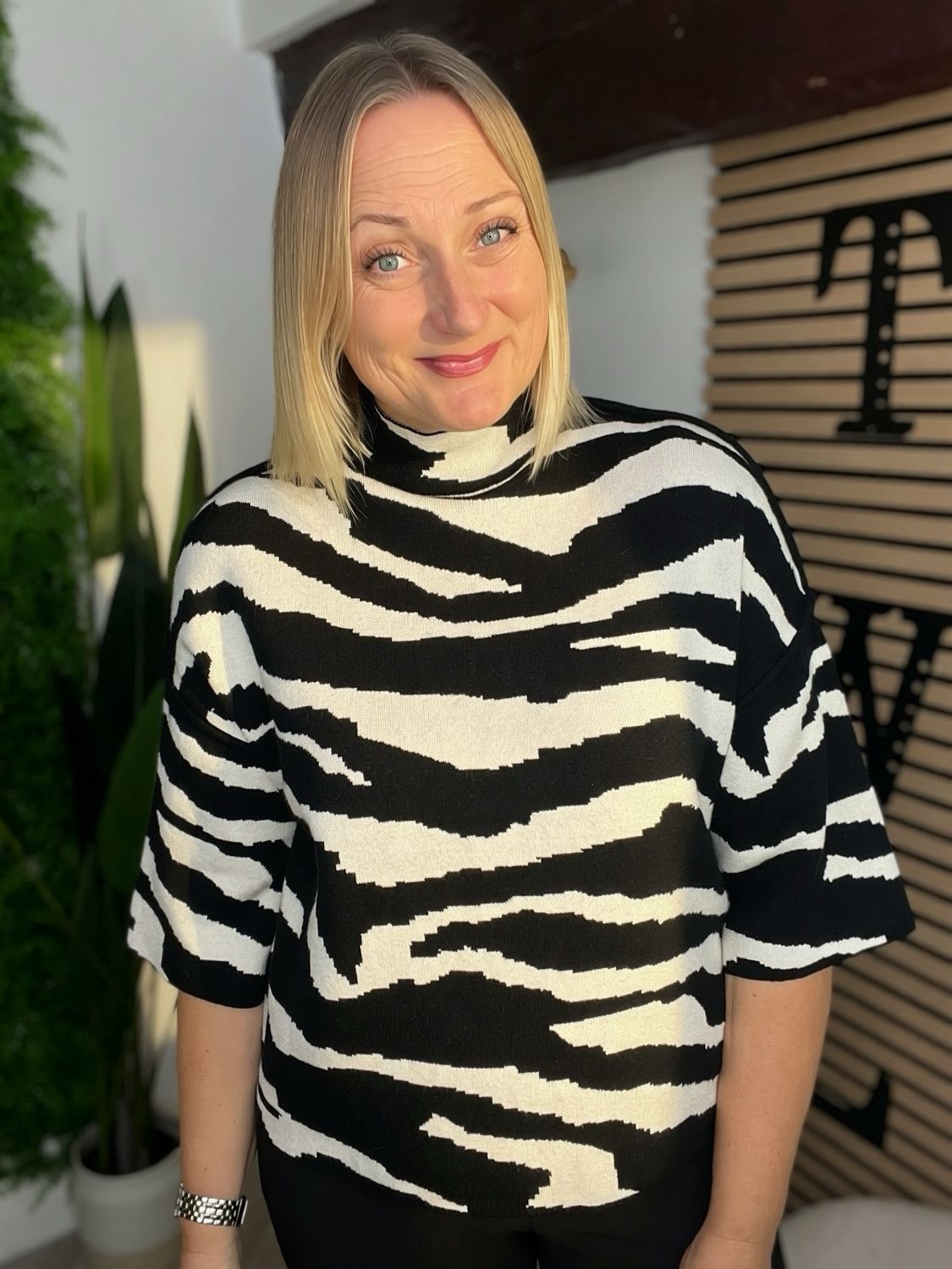 Funnel Neck Box Fit Jumper - Black & Winter White