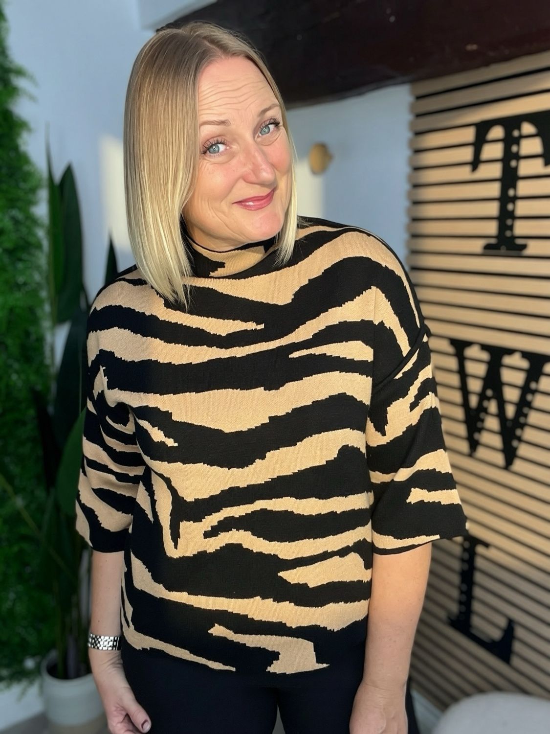 Funnel Neck Box Fit Jumper - Black & Camel