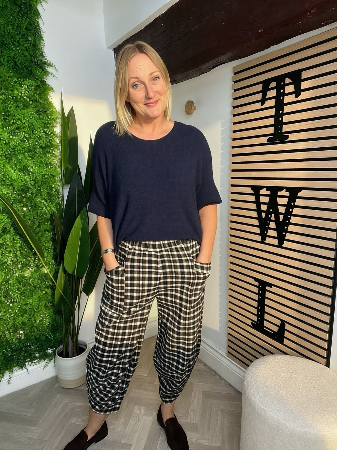 Lola Checkered Soft Feel Trousers - Navy & Brown Lola Checkered Soft Feel Trousers - Navy & Brown