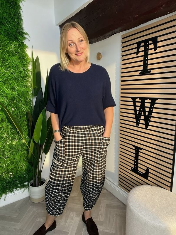 Lola Checkered Soft Feel Trousers - Navy & Brown