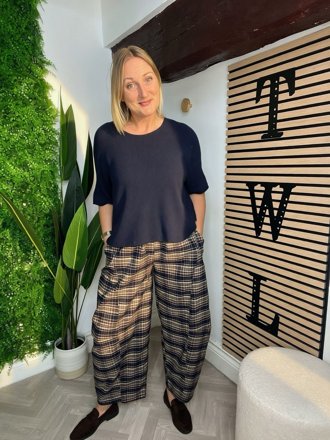 Checkered Barrel Leg Trousers - Navy Mix Checkered Barrel Leg Trousers - Navy Mix