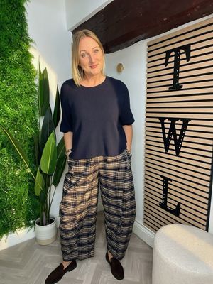 Checkered Barrel Leg Trousers - Navy Mix Checkered Barrel Leg Trousers - Navy Mix