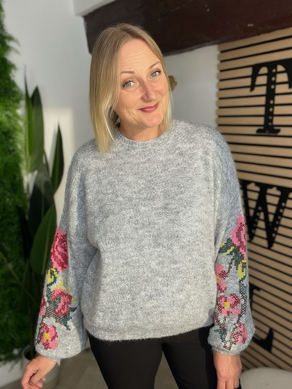 Cross Stitch Detailed Jumper - Grey