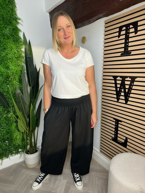 Shirred Stitch Jersey Wide Leg Trouser - Black