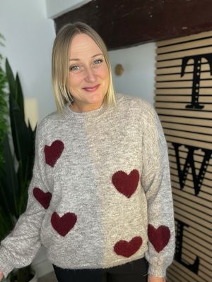 Long Sleeve Heart Jumper - Taupe & Merlot