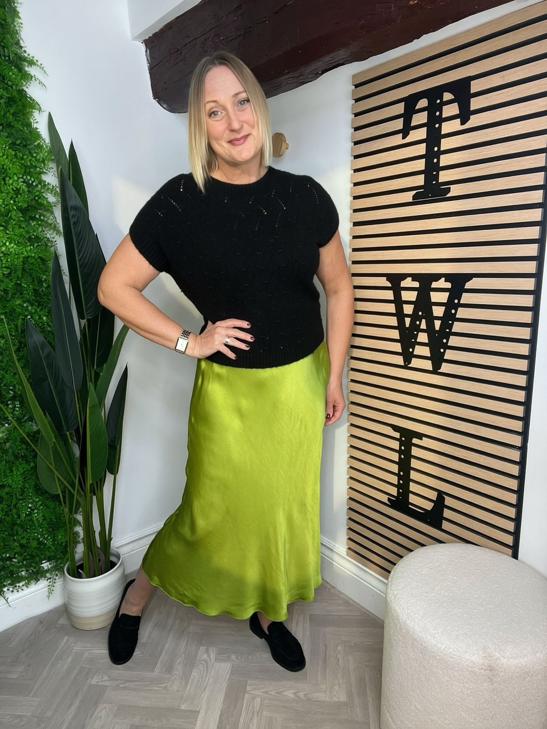 Bias Cut Full Length Skirt Satin Feel - Chartreuse